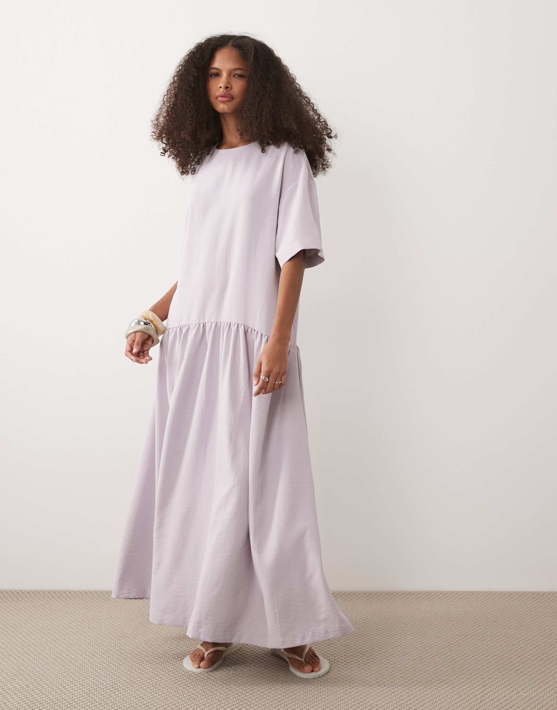asos design dropped waist midaxi t-shirt dress in lilac