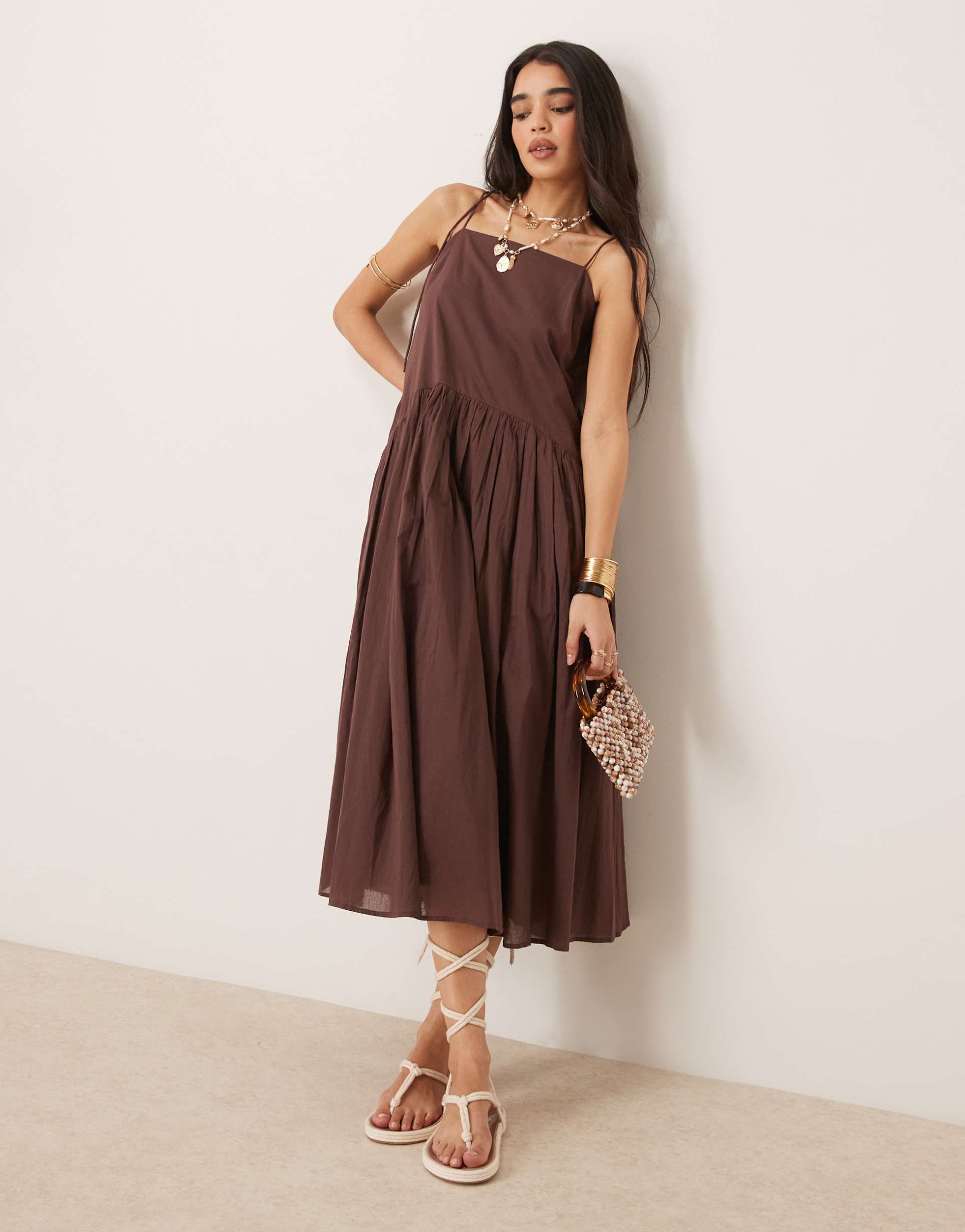 asos design dropped waist midi dress in chocolate