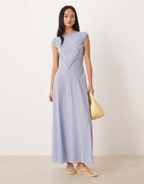 ASOS DESIGN dropped waist midi dress with ruched cap sleeves in blue stripe - view 1
