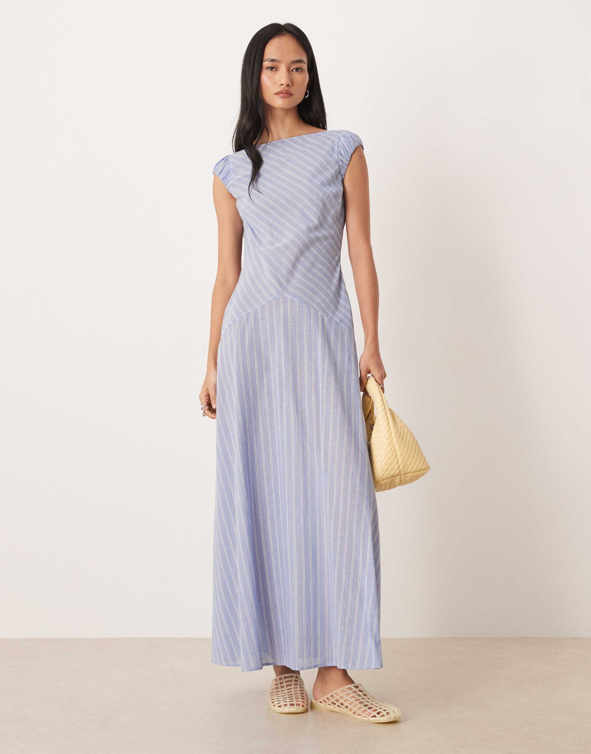 asos design dropped waist midi dress with ruched cap sleeves in blue stripe