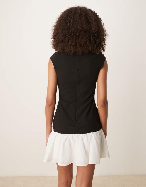 ASOS DESIGN dropped waist mini dress with cap sleeves in black and white, 3 of 4