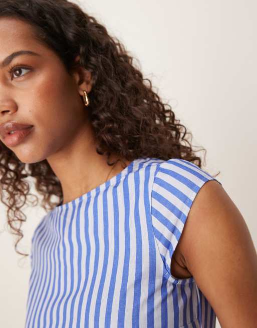 ASOS DESIGN dropped waist mini dress with cap sleeves in blue pinstripes