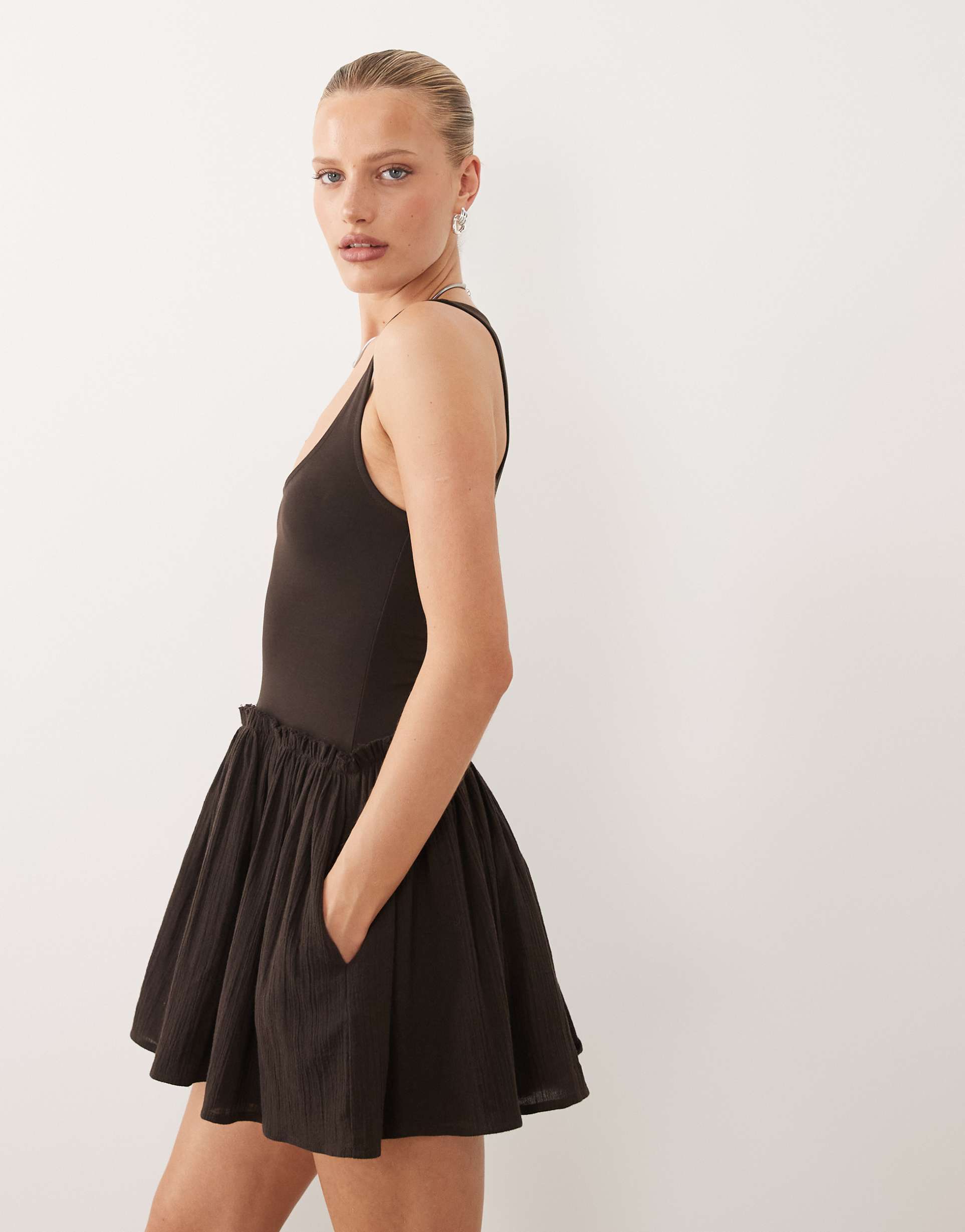 asos design dropped waist mini dress with crinkle cotton skirt in chocolate