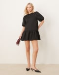 [ASOS DESIGN] ASOS DESIGN dropped waist mini dress with puffed sleeve in black in scuba-style fabric S BLACK
