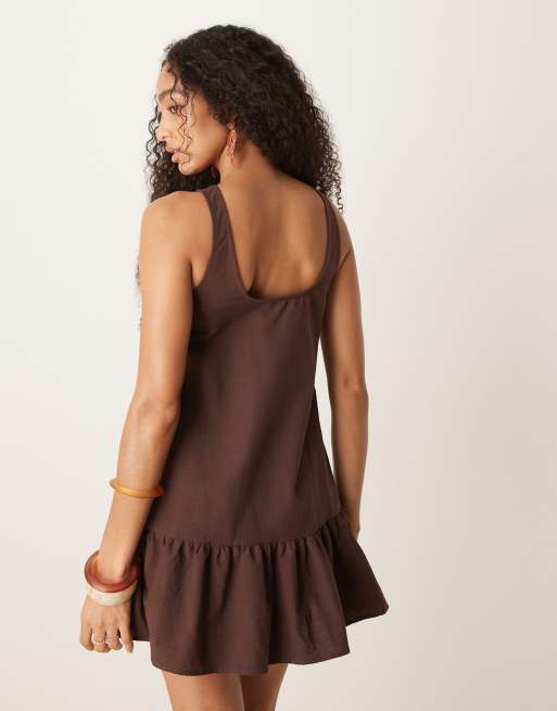 ASOS DESIGN dropped waist mini shift dress with scoop back in chocolate