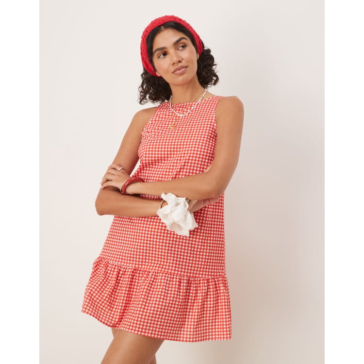 ASOS DESIGN dropped waist mini shift dress with scoop back in red gingham