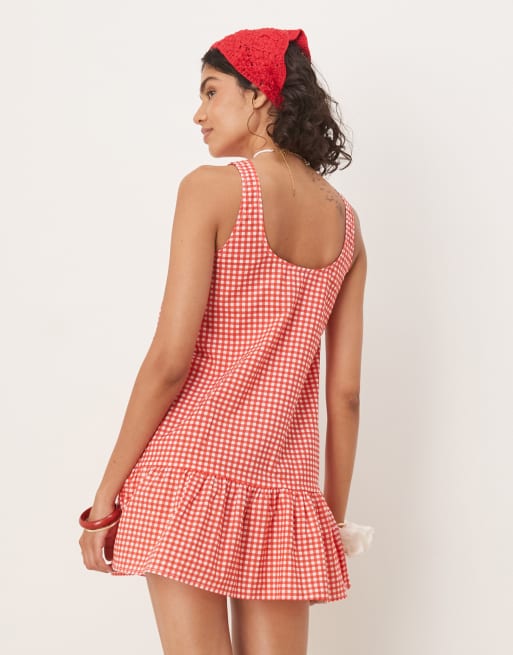 ASOS DESIGN dropped waist mini shift dress with scoop back in red gingham