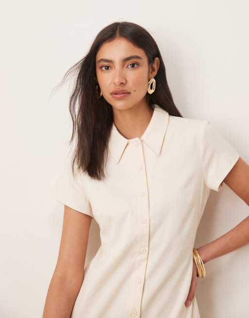 ASOS DESIGN dropped waist mini shirt dress in cream, 3 of 4