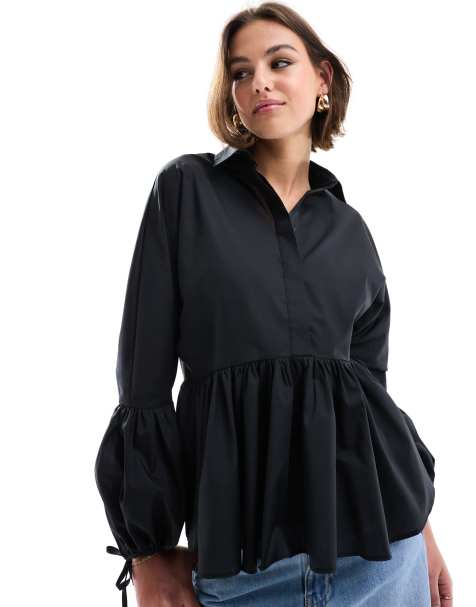 ASOS DESIGN dropped waist peplum shirt in black - view 1