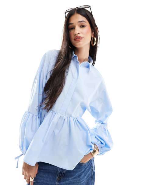 ASOS DESIGN dropped waist peplum shirt in light blue - view 1