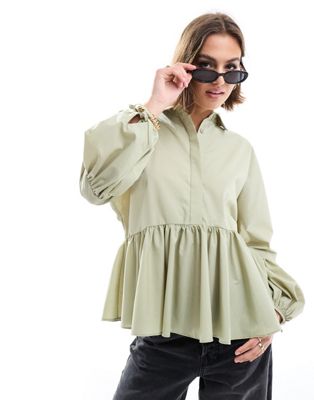 Asos Design Dropped Waist Peplum Shirt In Light Khaki-multi