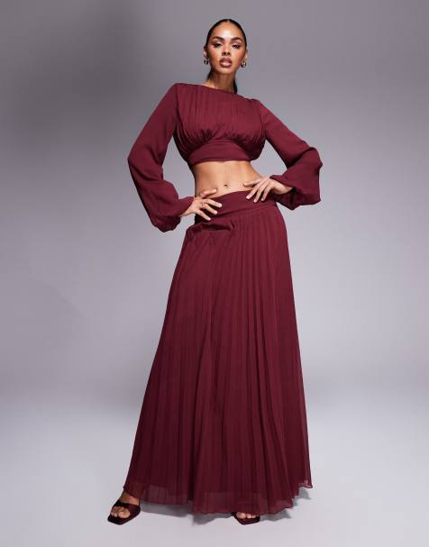 ASOS DESIGN dropped waist pleat detail maxi skirt dark cherry (part of a set) - view 1