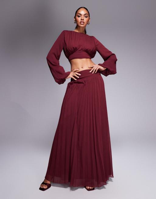 ASOS DESIGN dropped waist pleat detail maxi skirt dark cherry (part of a set)