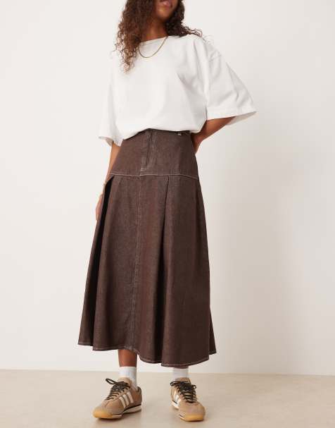 ASOS DESIGN dropped waist pleated denim circle skirt in brown - view 1