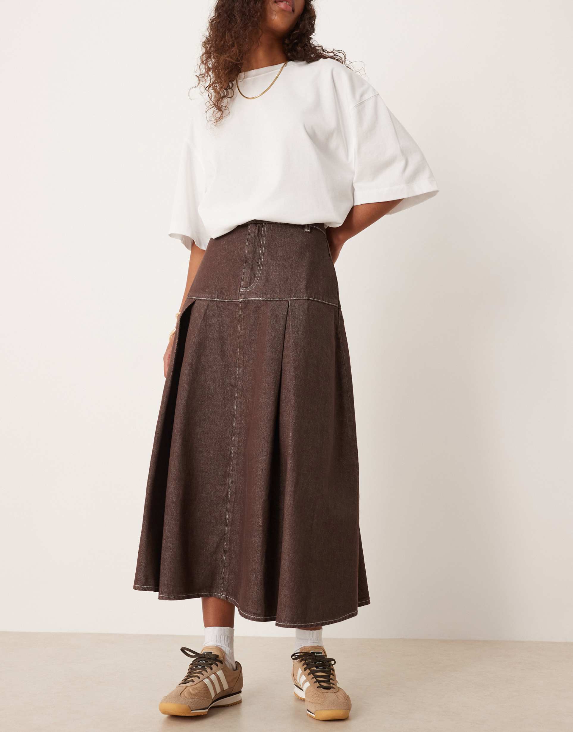 asos design dropped waist pleated denim circle skirt in brown