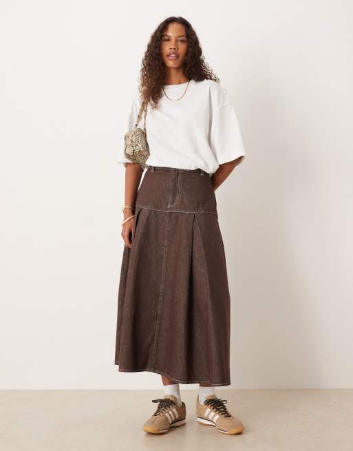 ASOS DESIGN dropped waist pleated denim circle skirt in brown