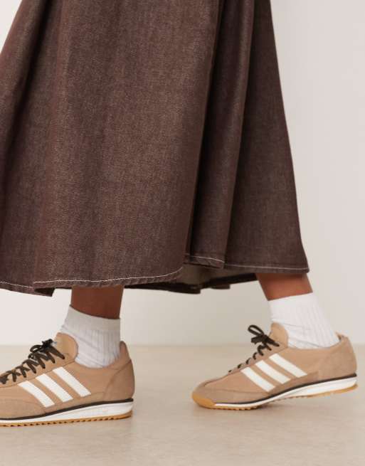 ASOS DESIGN dropped waist pleated denim circle skirt in brown
