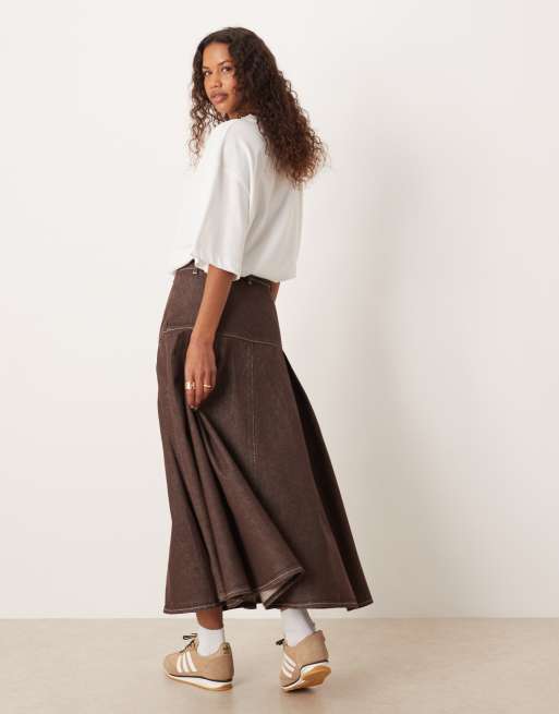 ASOS DESIGN dropped waist pleated denim circle skirt in brown