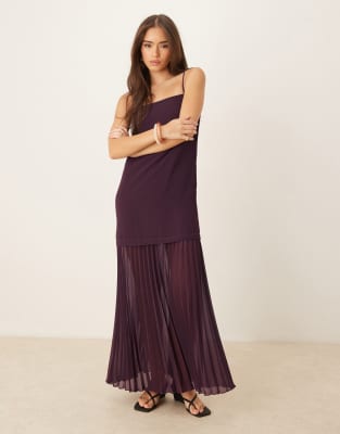 ASOS DESIGN dropped waist pleated skirt cami midi dress in brown