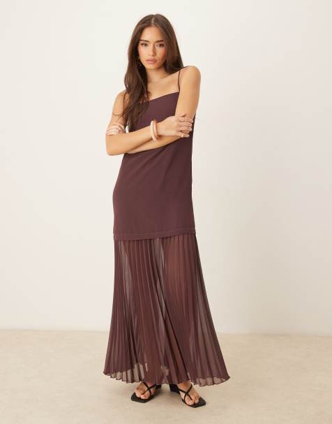 ASOS DESIGN dropped waist pleated skirt cami midi dress in brown - view 1