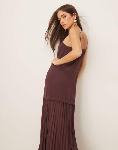 ASOS DESIGN dropped waist pleated skirt cami midi dress in brown - view 1