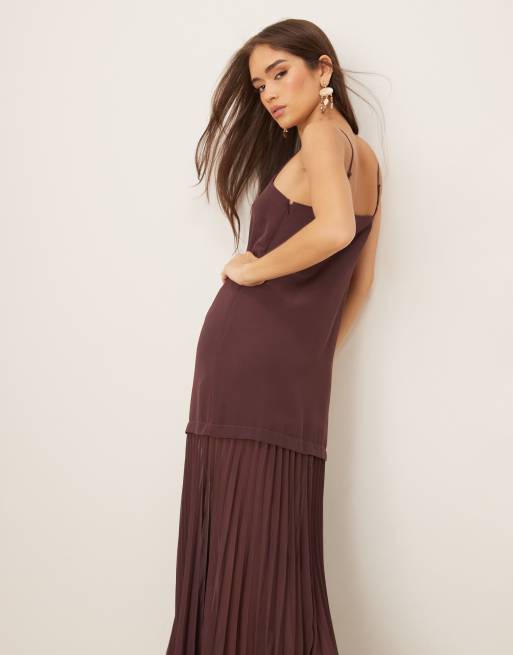 ASOS DESIGN dropped waist pleated skirt cami midi dress in brown