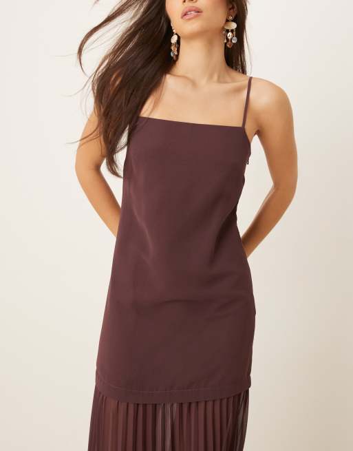 ASOS DESIGN dropped waist pleated skirt cami midi dress in brown