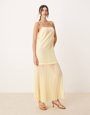 ASOS DESIGN dropped waist pleated skirt cami midi dress in lemon yellow