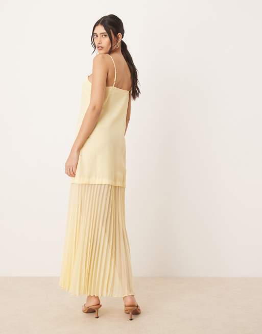 ASOS DESIGN dropped waist pleated skirt cami midi dress in lemon yellow