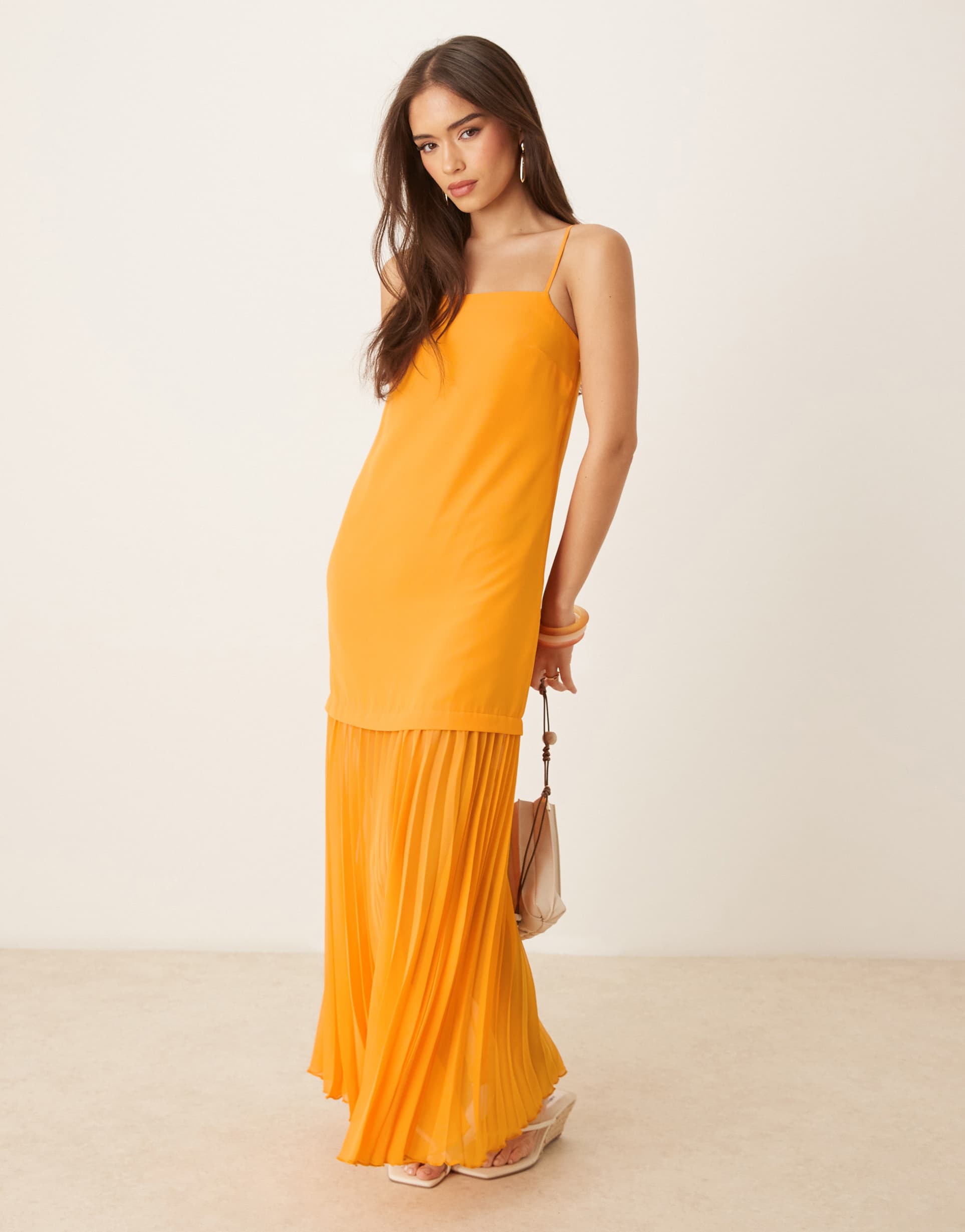 asos design dropped waist pleated skirt cami midi dress in orange