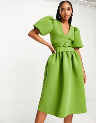 ASOS DESIGN dropped waist puff sleeve prom midi dress in olive-Green