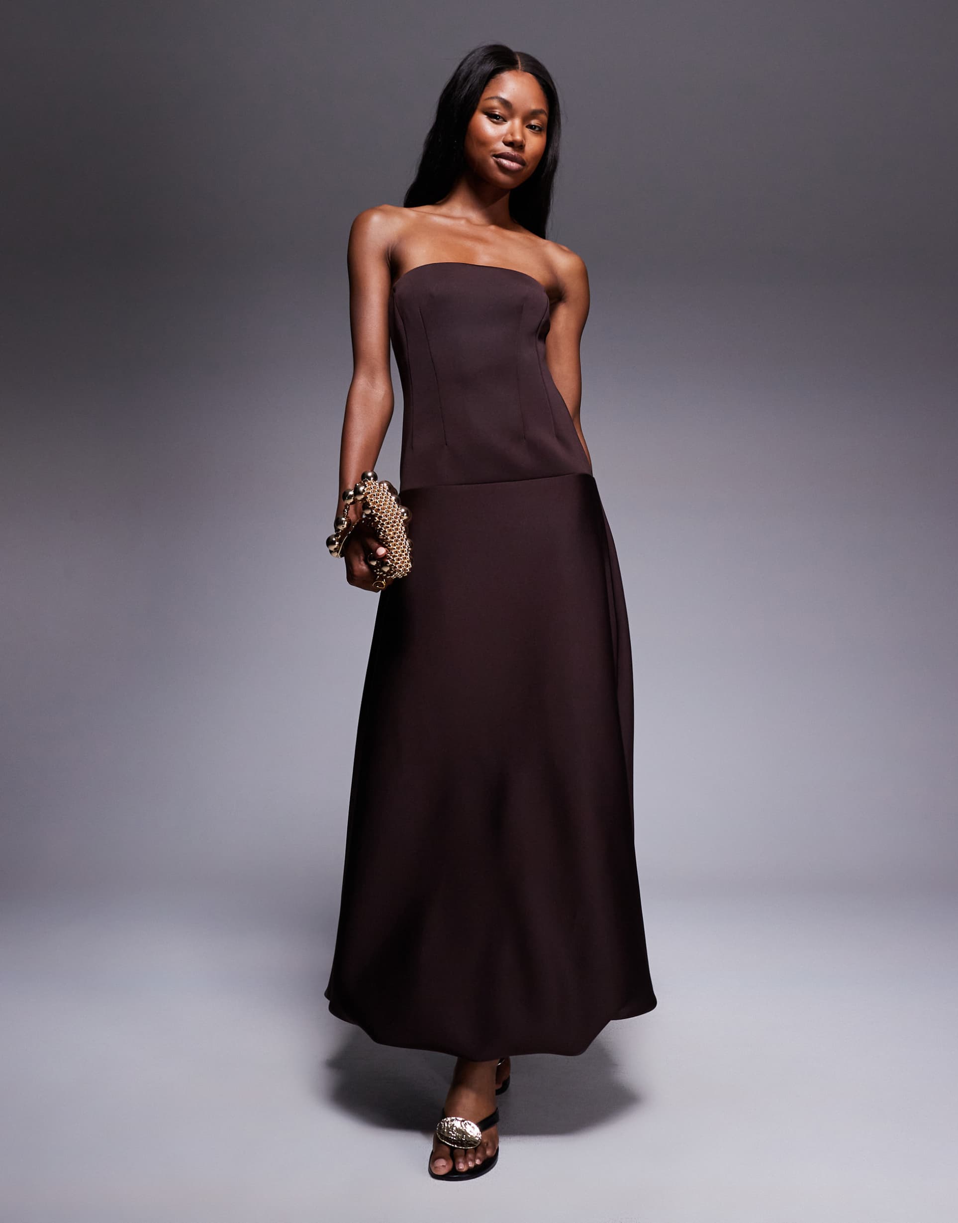 asos design dropped waist puffball maxi dress in chocolate