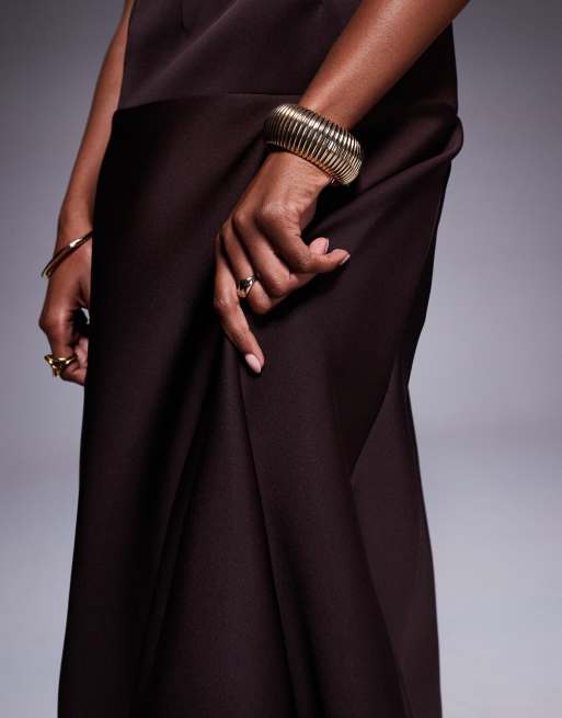 ASOS DESIGN dropped waist puffball maxi dress in chocolate