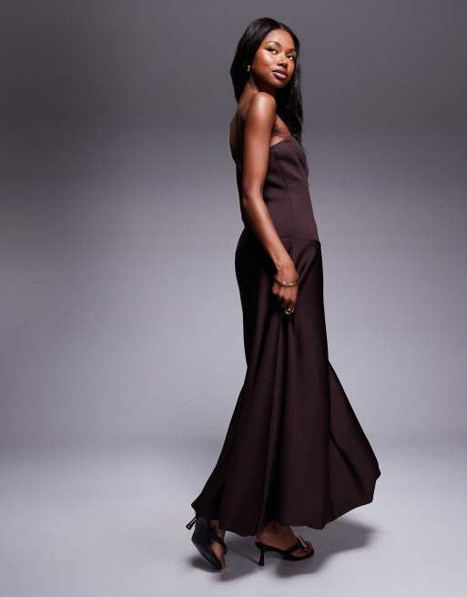 ASOS DESIGN dropped waist puffball maxi dress in chocolate
