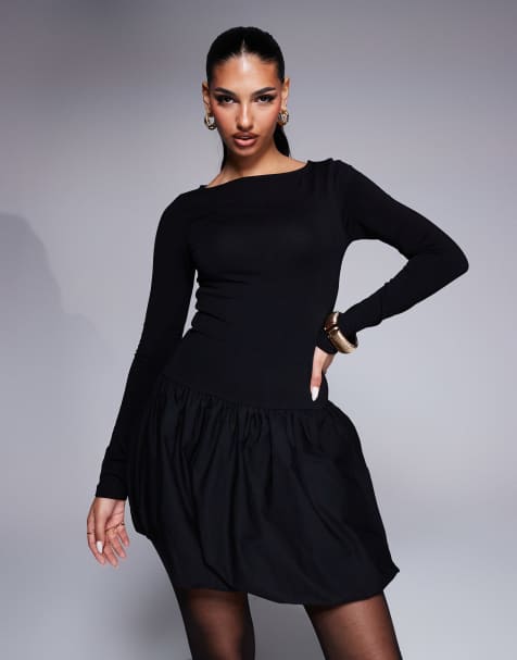ASOS DESIGN dropped waist puffball mini dress with poplin skirt in black - view 1