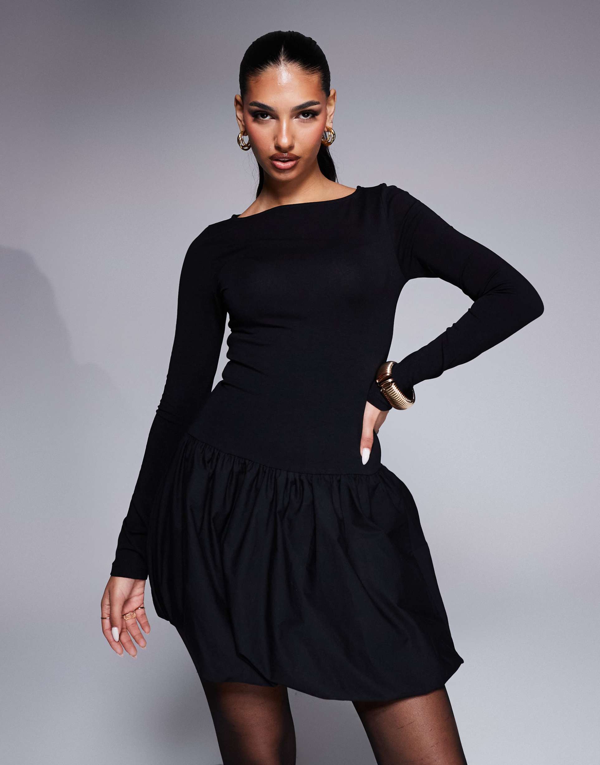asos design dropped waist puffball mini dress with poplin skirt in black