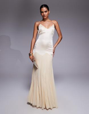 Asos Design Dropped Waist Satin And Chiffon Mix Maxi Dress With Full Godet Skirt In Yellow