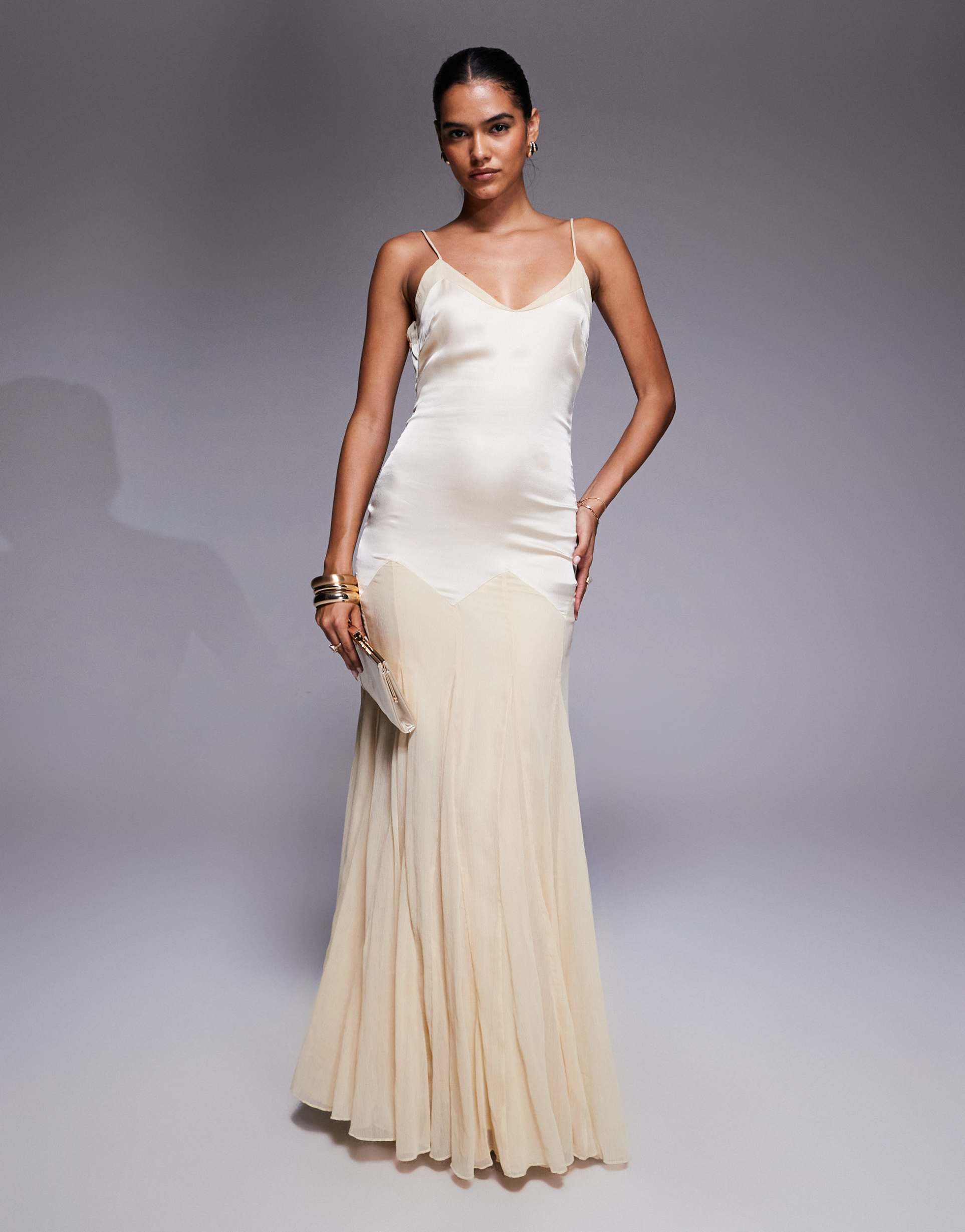 asos design dropped waist satin and chiffon mix maxi dress with full godet skirt in buttermilk