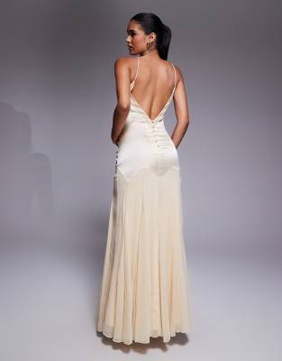 Asos Design Dropped Waist Satin And Chiffon Mix Maxi Dress With Full Godet Skirt In Yellow