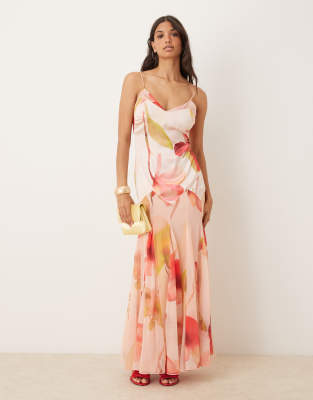 Asos Design Dropped Waist Satin And Chiffon Mix Maxi Dress With Full Godet Skirt In Multi