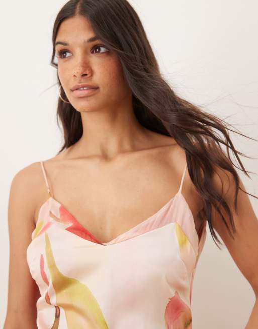 ASOS DESIGN dropped waist satin and chiffon mix maxi dress with full godet skirt in pink floral print