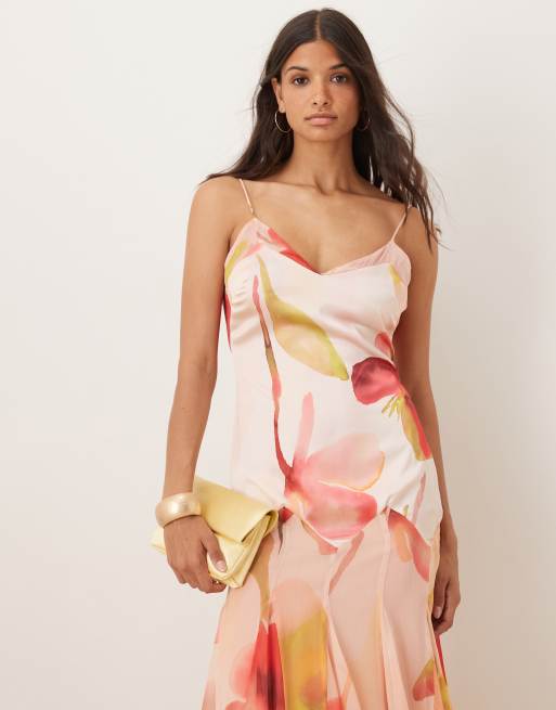 ASOS DESIGN dropped waist satin and chiffon mix maxi dress with full godet skirt in pink floral print