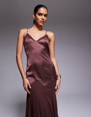Asos Design Dropped Waist Satin And Chiffon Mix Maxi Dress With Full Godet Skirt-brown In Burgundy