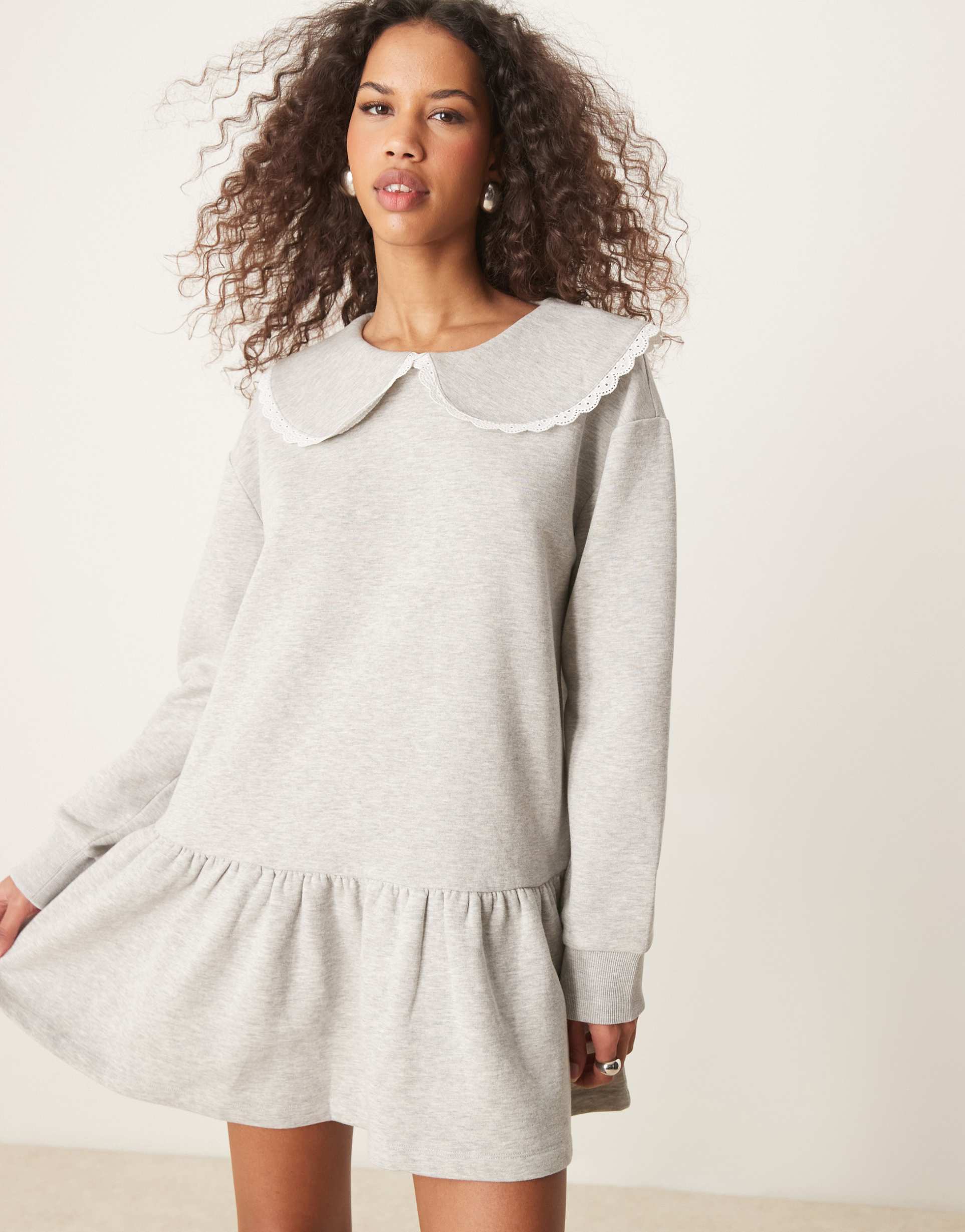 asos design dropped waist sweat dress with lace oversized collar in gray