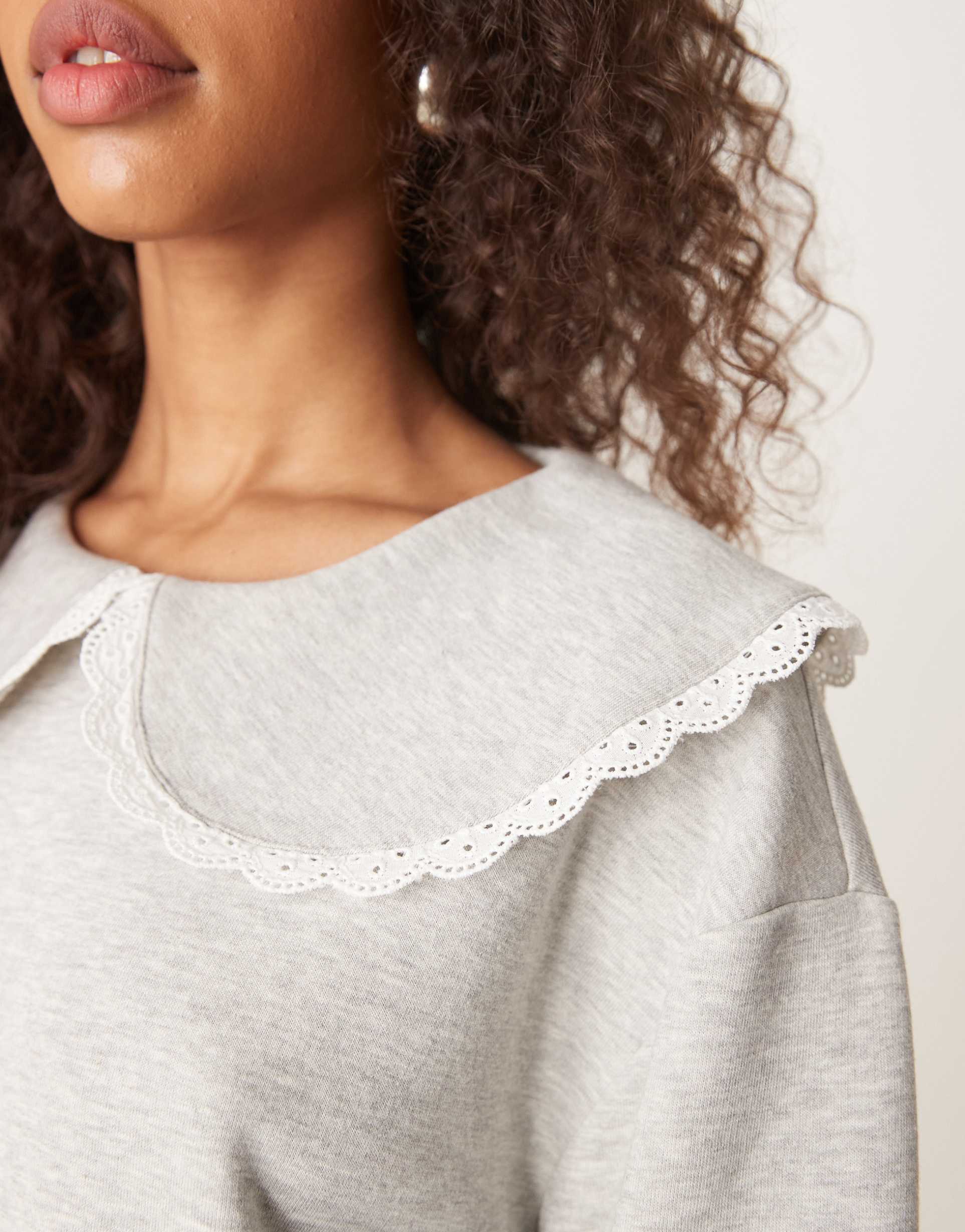 asos design dropped waist sweat dress with lace oversized collar in gray