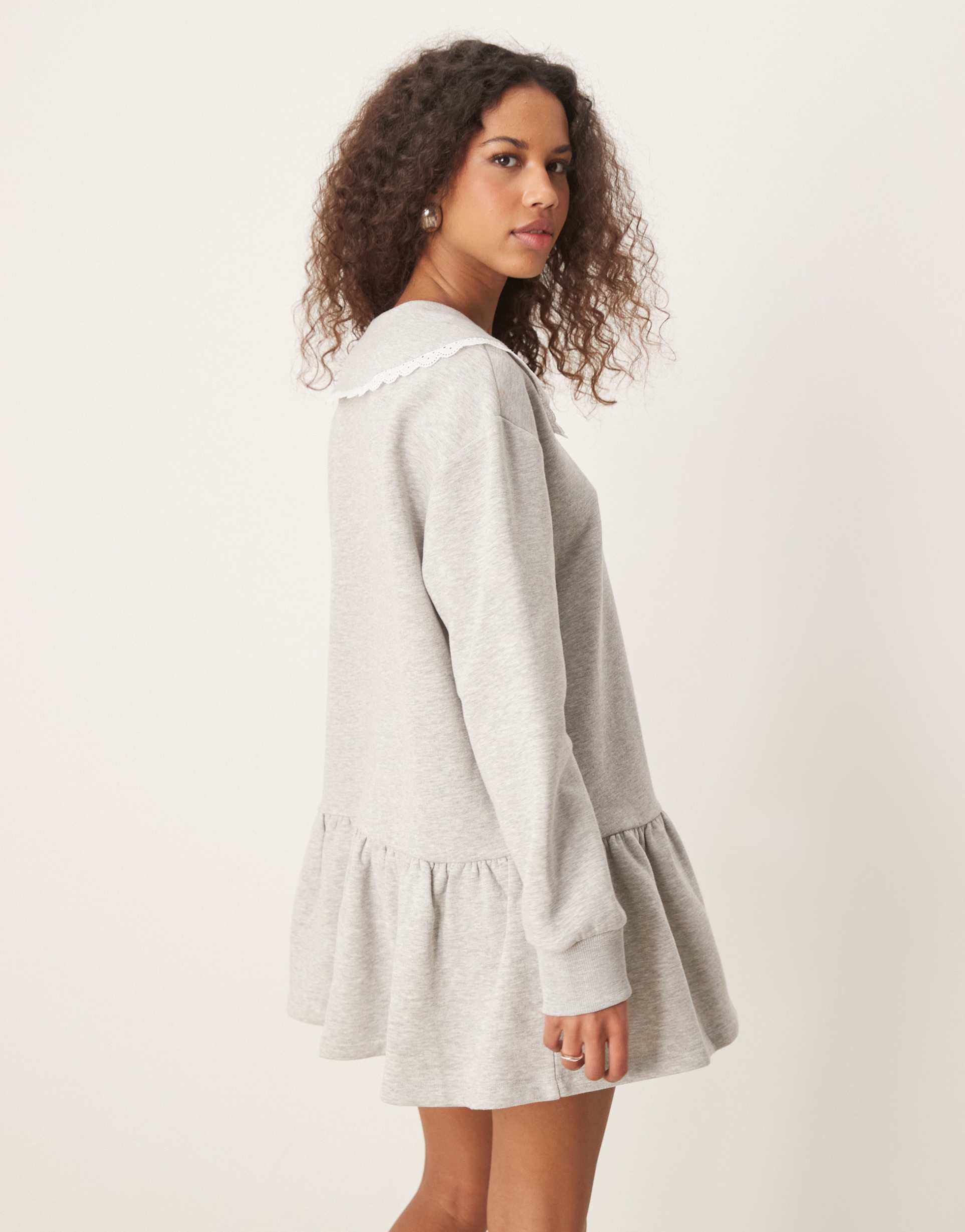 asos design dropped waist sweat dress with lace oversized collar in gray