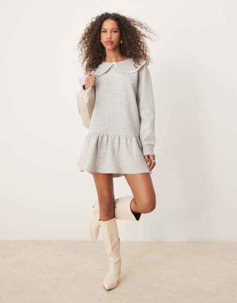 ASOS DESIGN dropped waist sweat dress with lace oversized collar in grey - view 1