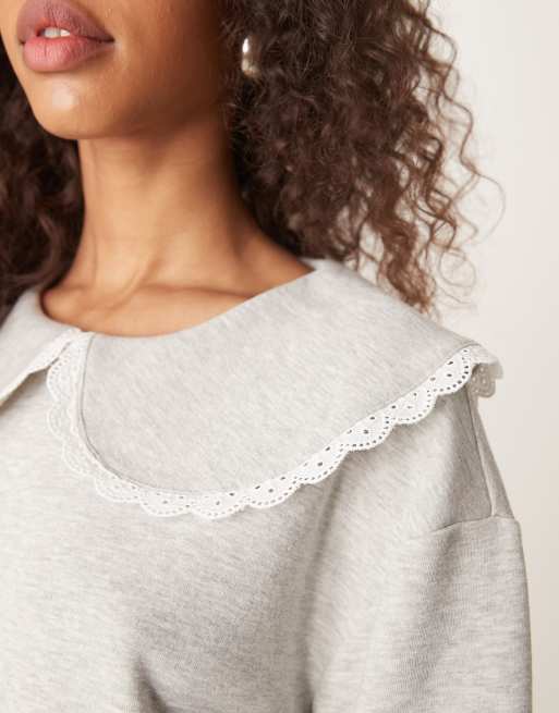 ASOS DESIGN dropped waist sweat dress with lace oversized collar in grey, 3 of 4