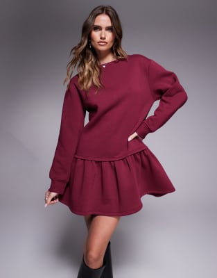 ASOS DESIGN dropped waist sweatshirt dress in burgundy-Red