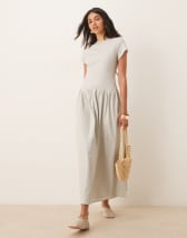 ASOS DESIGN scoop neck pleat waist midi dress in putty
